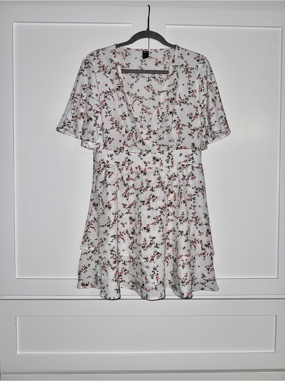 SHEIN White Floral V-Neck Short Dress with Pink & Green Print